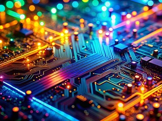 Poster - Glowing Circuit Board Close-up: Intricate Digital Technology Long Exposure