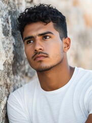 Wall Mural - Hispanic young adult man with curly hair in contemplative pose against textured stone wall highlighting empty space for text in natural light