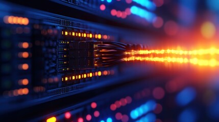 Poster - Hightech Server Room with Multiple Servers Illuminated by Soft Blue Lights Creating a Futuristic and Efficient Workspace