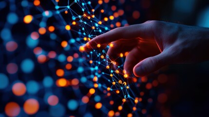 Aufkleber - A Hand Delicately Touching a Vibrant Network of Orange and Blue Dots Representing Connectivity and Digital Interaction
