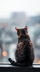 Aufkleber - Bengal cat sits on a windowsill, observing the rain falling on a blurred cityscape through a wet window, creating a cozy and melancholic atmosphere