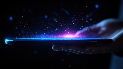 Poster - Person Holding a Cell Emitting Glowing Light in a Dark Environment Creating a Mysterious and Enigmatic Atmosphere