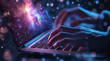 Poster - A close-up view of hands typing on a laptop with glowing stars and magical effects in a dark environment, symbolizing creativity and digital innovation.