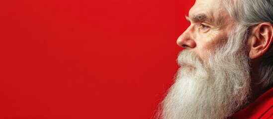 Poster - senior man with a long white beard against a vibrant red background, showcasing profile with ample e