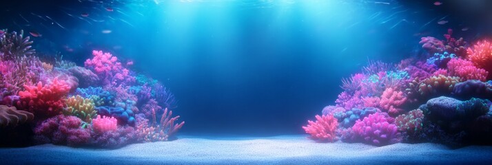 Aufkleber - Beams of sunlight penetrate the ocean's surface, illuminating a vibrant coral reef teeming with colorful marine life, creating a breathtaking underwater scene