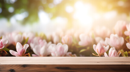 Wall Mural - Empty wooden table in front spring mimosa flowers blurred background banner for product display in a coffee shop, local market or bar	