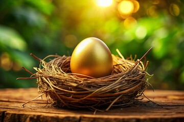 Poster - Golden Egg in Nest: Symbol of Wealth and Prosperity - Stock Photo