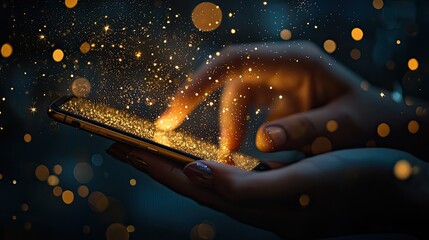 Aufkleber - A captivating close-up of a persons hand holding a smartphone, with enchanting stars and sparkles floating above, symbolizing digital connectivity and creativity in a dar