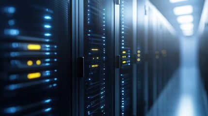 Poster - Advanced Server Room Featuring a Neat Row of High-Tech Servers Illuminated by Soft Ambient Lighting Creating a Modern Atmosphere
