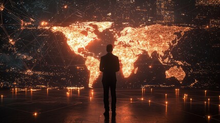 Fototapete - A businessman stands before a glowing world map, engaging with a digital network. This image symbolizes global connectivity and modern technology in business environments
