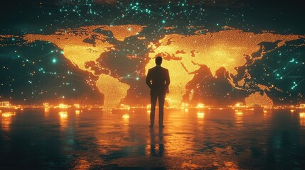 Fototapete - A businessman stands before a glowing world map, engaging with a digital network. This image symbolizes global connectivity and modern technology in business environments
