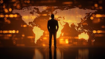 Fototapete - A businessman stands before a glowing world map, engaging with a digital network. This image symbolizes global connectivity and modern technology in business environments