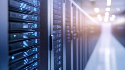 Poster - Modern Server Room Featuring Rows of High-Tech Servers with Ambient Lighting Creating a Futuristic and Efficient Workspace