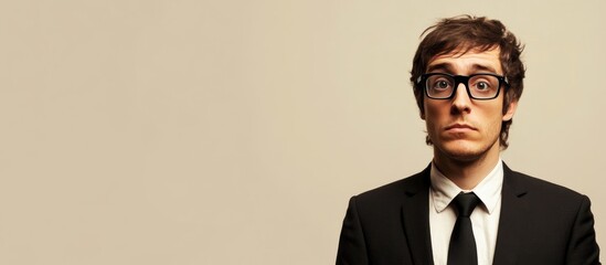 Poster - professional portrait of a young business man in a black suit and nerd glasses against a light beige