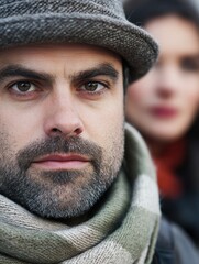 Poster - close-up portrait of mid adult man with grey hat and striped scarf, focused expression, with soft bl