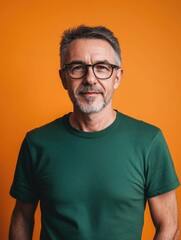 Poster - middle-aged man in green shirt against vibrant orange background creating ample empty space for text