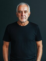 Poster - mature man in black shirt against dark gray background with ample copy space for text in studio sett
