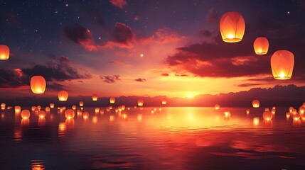 Wall Mural - Glowing Ramadan lanterns under a stunning sunset background, peaceful evening atmosphere, extra space is provided for text