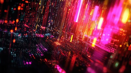 Poster - A vibrant visualization of financial data featuring colorful graphs and glowing elements. This abstract image represents analysis, trends, and technology in finance and b