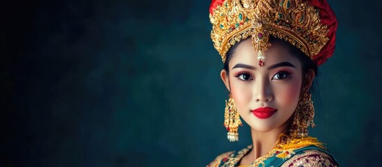 Wall Mural - Thai woman in vibrant traditional dress adorned with gold accessories against a textured teal backdrop featuring ample negative space for text.