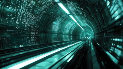 Poster - Abstract Digital Tunnel with Glowing Lines and Matrix Code Representing Data Flow in a Futuristic Virtual Space