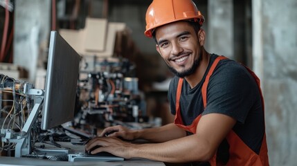 Poster - focused construction worker in hard hat engaged in computer work on building site surrounded by tool
