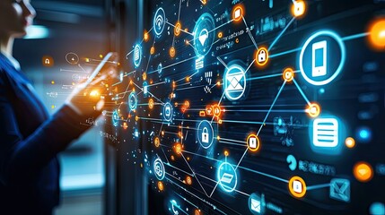 Leinwandbilder - Person Standing in Server Room Surrounded by Digital Icons and Data Streams Representing Technology and Network Infrastructure