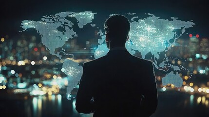 Fototapete - Businessman Interacting with World Map Digital Network, Global Connectivity, Data Visualization and Technology Concept for Modern Enterprises