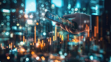Aufkleber - Person Holding Smartphone Displaying Financial Graphs in Busy Urban Environment with Blurred City Lights in Background