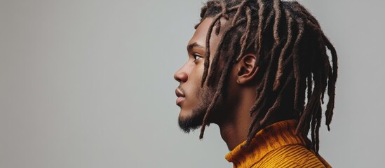 Poster - stylish profile portrait of a young man with black dreadlocks wearing a mustard sweater against a so