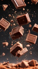 Aufkleber - Many chocolate chunks of different sizes are levitating and rotating on a cocoa powder covered surface, creating a visually appealing composition against a dark backdrop