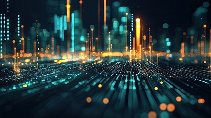 Leinwandbilder - Abstract digital financial chart with glowing data lines and stock market trends over cityscape at night showcasing technology and finance connection