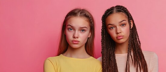 Serious teenage girls with braids posing in front of a soft pink background with ample copyspace for text highlighting youth and diversity.