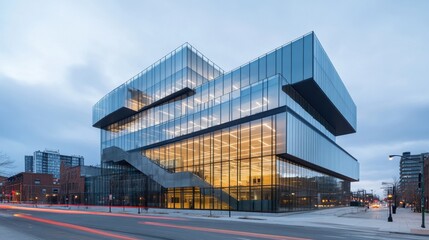 Poster - Modern Glass Building with Unique Architectural Design at Dusk