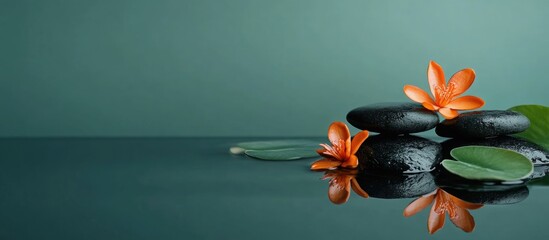 Poster - Serene Obsidian Stone Massage Arrangement with Green Background and Elegant Orange Flowers Reflected on Calm Surface Ideal for Wellness Concepts