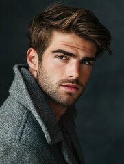 Poster - expressive portrait of a handsome young man with brown hair in a stylish gray jacket against a dark 