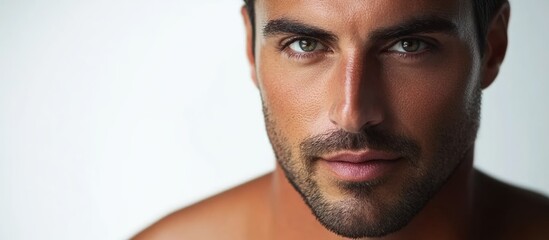 Poster - close up portrait of attractive man with dark hair and stubble on light grey background with ample c