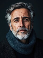 Poster - mature man with salt and pepper beard wearing a dark scarf, against a moody dark backdrop, featuring