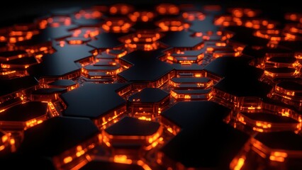 A futuristic array of interlocking hexagons glows with vibrant orange light, as if harnessing energy from within its sleek, high-tech surface