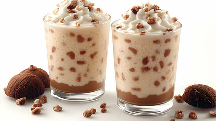 Two creamy coconut desserts topped with whipped cream and crunchy bits, served in clear glasses.