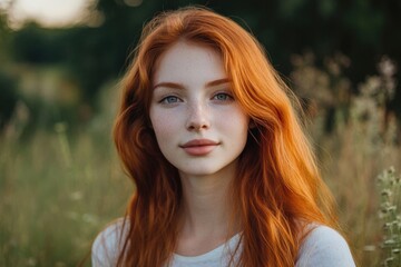 Wall Mural - Red-haired young woman with a serene expression in a lush green nature setting, featuring a large empty space for text overlay.