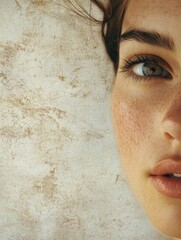 Wall Mural - High Angle Close-Up of Young Woman's Freckled Face with Natural Skin Tone Against Light Textured Background Featuring Ample Copy Space