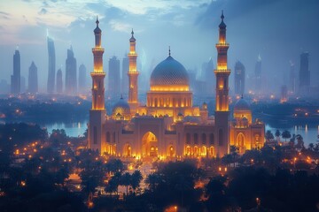 Wall Mural - modern middle eastern city skyline at night with contemporary architecture and traditional cultural elements