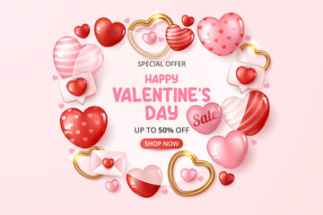 Wall Mural - happy valentine's day background with transparent love shape and hearts elements in pink background.