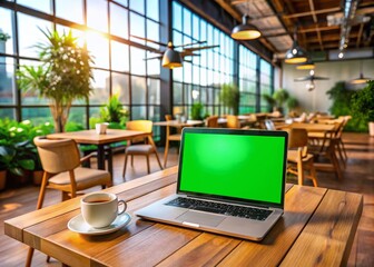 Poster - Green Screen Laptop Mockup: Modern Loft Cafe Drone View