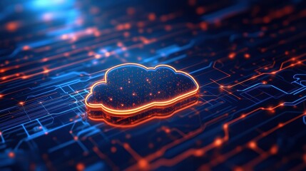 Poster - A Futuristic Cloud on a Circuit Board with Illuminated Lights Creating a Tech Inspired Dreamy Atmosphere and Visual Impact