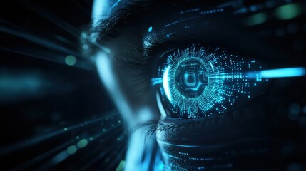 Poster - Futuristic Eye Interface Displaying Advanced Technology and Digital Data in a Captivating Close Up of a Woman's Eye