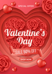 Wall Mural - valentine's day sale template with flowers and love elements in red paper cut love background. vecto