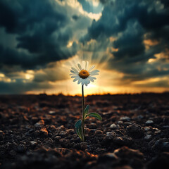 Poster - Lone daisy on soil with radiant sunset and dramatic clouds