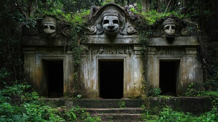 Wall Mural - Ancient, overgrown stone structure with three dark entrances in a dense jungle.